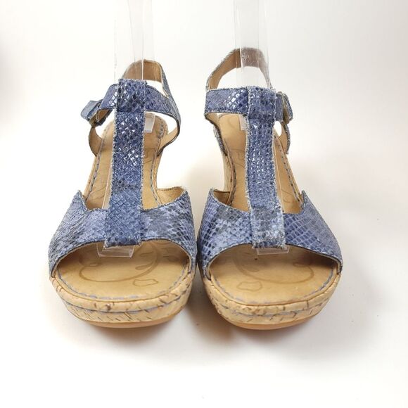 BORN MARES suede snake skin t-strap Blue Size 10 Wedge Sandal Shoes - Picture 12 of 12